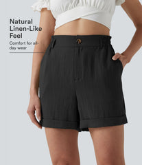 High Waisted Rolled Hem Linen-Feel Resort Shorts 5'' with Pockets