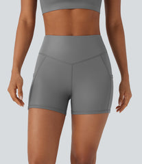 Faux Leather High Waisted Pocket Yoga Biker Shorts 4''
