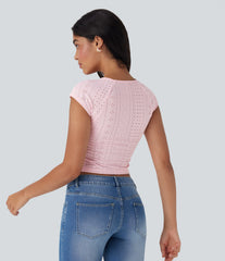 Square Neck Drawstring Eyelet Skinny Cropped Casual Top
