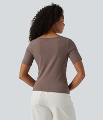Ribbed Knit Boat Neck Short Sleeve Casual T-Shirt