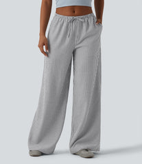 Low Rise Drawstring Stripes Linen-Feel Casual Baggy Pants with Pockets