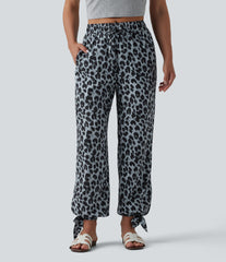Mid Rise Drawstring Knot Hem Leopard Print Casual Joggers with Pokcets