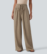 Mid Rise Drawstring Texture Resort Baggy Pants with Pockets