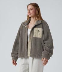Stand Collar Long Sleeve Hiking Sherpa Jacket with Pockets