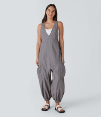 V Neck Sleeveless Drawstring Pockets Relax Cargo Jumpsuit
