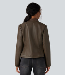 Round Neck Long Sleeve Zipper Casual Faux Leather Jacket with Pockets