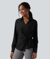 Collar Long Sleeve Tie Asymmetrical Hem Work Blouse