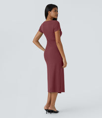 Ribbed Knit V Neck Midi Chill Dress