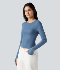 Round Neck Long Sleeve Thumb Hole Waffle Casual T-Shirt