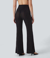 High Waisted Side Zipper Pocket Sparkle Casual Flare Pants