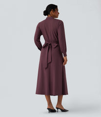 V-neck Long Sleeve Tie Back Midi Work Dress with Pockets