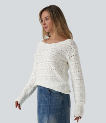 Boat Neck Long Sleeve Open Knit Casual Sweater