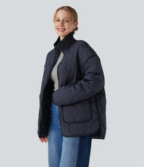 High Neck Zipper Long Sleeve Casual Quilted Jacket with Pockets