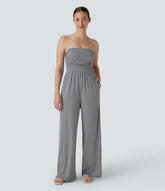 Adjustable & Removable Strap Ruched Pocket Plaid Casual Jumpsuit