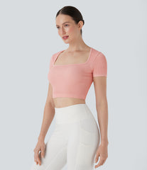 Ribbed Square Neck Short Sleeve Cropped Yoga Sports Top