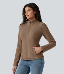Stand Collar Zip Fly Slim Casual Fleece Jacket with Pockets