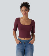 Ribbed Knit Scoop Neck Short Sleeve Casual T-Shirt