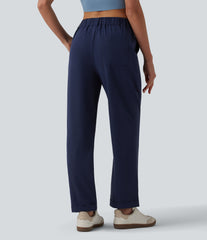 Mid Rise Pleated Rolled Hem 7/8 Stretchy Poplin Casual Tapered Pants with Pockets