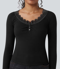 Ribbed Knit Henley Contrast Lace Long Sleeve Casual Top