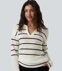 V-neck Long Sleeve Stripes Casual Sweater