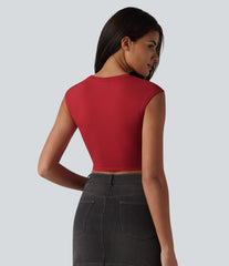 Round Neck Cap Sleeve Cropped Casual T-Shirt