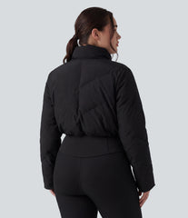PuffFlex Plus Size 3-in-1 Stand Collar Casual Cropped Puffer Coat & Thumb Holes Curved Hem Jacket with Pockets