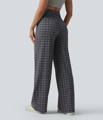 High Waisted Tummy Control Plaid Crinkle Quick Dry Casual Wide Leg Pants with Pockets