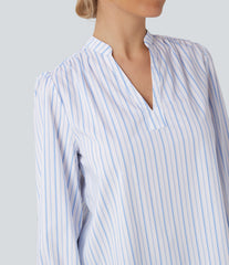 V-neck High Low Striped Print Casual Blouse