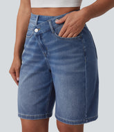 Halara Flex™ Asymmetric High Waisted Washed Denim Casual Bermuda Shorts 9'' with Pockets