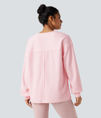 Round Neck Long Sleeve Split Hem Waffle Oversized Casual Sweatshirt with Pockets