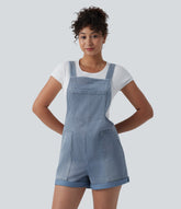 Halara Flex™ Square Neck Rolled Hem Denim Casual Short Overalls with Pockets