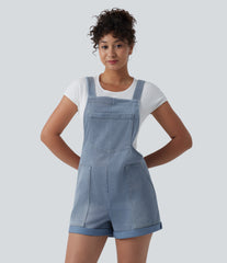 Halara Flex™ Square Neck Rolled Hem Denim Casual Short Overalls with Pockets