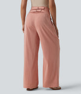 Adjustable Super High Waisted Shirred Wide Leg Casual Linen-Feel Pants with Pockets