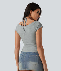 Halara Cotton Jersey Short Sleeve Tie-back Ruched 2-in-1 Casual T-Shirt