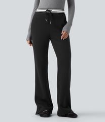 High Waisted Drawstring Color Block Split Hem Fleece Casual Cotton Flare Pants with Pockets