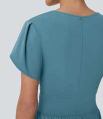 Breezeful™ V Neck Petal Sleeve Pocket Wide Leg Flowy Quick Dry Work Jumpsuit
