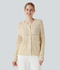 Round Neck Long Sleeve Button Fly Hollow Out Work Cardigan with Pockets