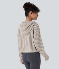 Ribbed Knit Hooded Drawstring Relax Casual Sweatshirt