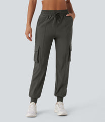 High Waisted Drawstring Pockets Quick Dry Dance Cargo Joggers