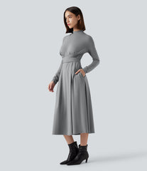 Mock Neck Long Sleeve Midi Work Dress with Pockets