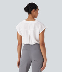 V Neck Cap Sleeve Decorative Work Blouse