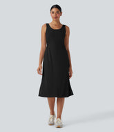 U Neck Zipper Split Knee Length Hiking Active Dress