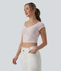 Sweetheart Neck Short Sleeve Lace Cropped Casual T-Shirt