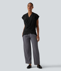 V Neck Wrapped Sleeveless Linen-Feel Work Blouse