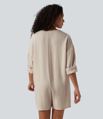 V-neck Long Sleeve Button Linen-Feel Casual Romper