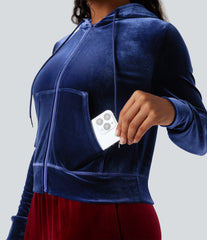 Hooded Drawstring Zipper Long Sleeve Velvet Casual Jacket with Pockets