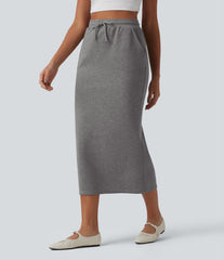 High Waisted Drawstring Midi Casual Pencil Skirt with Pockets