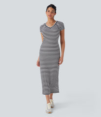 V Neck Stripe Midi Casual T-Shirt Dress
