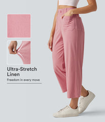 High Waisted Wide Leg Cropped Casual Stretch Linen Pants with Pockets