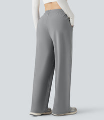 High Waisted Drawstring Straight Leg Yoga Pants with Pockets